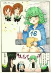  5girls absurdres black_hair blue_hair blush_stickers brown_eyes brown_hair comic commentary_request eating floating fubuki_(onepunch_man) fur_coat girls_und_panzer green_eyes green_hair highres hoodie mehonobu_g multicolored_hair multiple_girls nishizumi_maho nishizumi_miho onepunch_man popcorn sansetsukon_no_lily siblings sisters tatsumaki translation_request two-tone_hair 