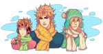  3boys arm_around_neck artist_name bandage_on_face birthmark blonde_hair blue_eyes blue_nails braid diego_brando dio_brando earmuffs earrings fang fingernails giorno_giovanna green_lipstick jewelry jojo_no_kimyou_na_bouken lipstick makeup multiple_boys nail_polish niitsumee red_eyes scarf sharp_fingernails signature steel_ball_run winter_clothes 