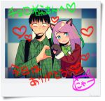  1boy 1girl :3 aqua_eyes artist_request backpack bag black_hair blazer character_name choromatsu gloves hashimoto_nyan heart heart_hands height_difference looking_away multicolored_hair open_mouth osomatsu-kun osomatsu-san paw_gloves photo_(object) pink_hair school_uniform signature skirt streaked_hair sweat upper_body 