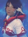  1girl absurdres au_ra bangs black_hair blue_hair blush dark_skin dragon_girl dragon_horns final_fantasy final_fantasy_xiv hair_ornament heterochromia highres horns huge_filesize looking_at_viewer pink_eyes portrait scales smile solo soranamae white_mage yellow_eyes 