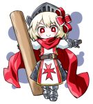  1girl armor blonde_hair cape commentary full_armor gauntlets gloves hair_ribbon helmet knight kugelschreiber outstretched_arms red_eyes ribbon rumia short_hair smile solo touhou 