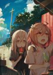  2girls ahoge amoranorem blonde_hair blue_eyes clouds commentary_request eating food_in_mouth hair_ornament i-58_(kantai_collection) jar kantai_collection long_hair multiple_girls off_shoulder open_mouth pink_eyes pink_hair popsicle railing ramune short_hair sky tree u-511_(kantai_collection) watermelon_bar 