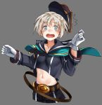  1girl alternate_costume belt blush breasts capelet commentary_request gloves grey_background hat kantai_collection long_sleeves looking_at_viewer military military_uniform navel open_mouth ruisento sailor_collar sailor_hat short_hair shorts simple_background small_breasts solo surprised uniform white_gloves white_hair z1_leberecht_maass_(kantai_collection) 