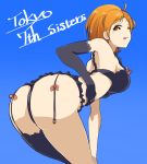  1girl :q ass black_bra black_gloves black_legwear black_panties blue_background blush bra breasts copyright_name elbow_gloves garter_straps gloves harumi_sawara highres looking_at_viewer looking_back manabebebe one_eye_closed orange_eyes orange_hair panties short_hair simple_background single_glove single_thighhigh smile solo thigh-highs tokyo_7th_sisters tongue tongue_out underwear underwear_only 