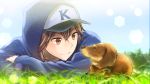  1boy animal bangs baseball_cap blue_sky brown_hair closed_mouth dog grass hat hood hoodie kikuchi_mataha kyo_(vocaloid) long_sleeves male_focus outdoors red_eyes sky smile solo vocaloid zola_project 