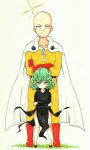  1boy 1girl :o absurdres bald black_dress blush boots cape commentary_request crossed_arms dress gloves green_eyes green_hair highres marker_(medium) mehonobu_g onepunch_man red_boots red_gloves saitama_(onepunch_man) tatsumaki traditional_media 