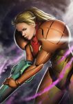  1girl arm_cannon armor blonde_hair green_eyes headwear_removed helmet helmet_removed highres lips metroid ponytail power_armor realistic samus_aran varia_suit weapon yusepe 