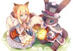  1girl animal_ears bag blonde_hair blue_dress cat_ears dress gauntlets green_eyes hat hood_down monster_hunter monster_hunter_x nakaichi_(ridil) pocket_watch puffy_short_sleeves puffy_sleeves rabbit sheep short_sleeves shoulder_bag sitting tabard top_hat watch 