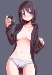  1girl absurdres black_hair blush breasts cellphone cleavage highres navel nekonekocha no_bra open_clothes open_shirt original panties phone shirt simple_background sketch smartphone smile solo underwear violet_eyes white_panties 