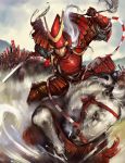  1boy armor army battle battle_standard gauntlets helmet highres horned_helmet horse japanese_armor kevin.h original red_armor reins riding sengoku_taisen sword weapon white_hair 
