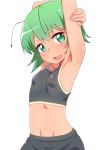  1girl antennae arm_up armpits blush green_eyes green_hair highres midriff navel open_mouth short_hair simple_background small_breasts solo sports_bra stretch tenyunkel touhou upper_body white_background wriggle_nightbug 