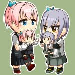  2girls blue_eyes blush brown_eyes character_doll hair_ribbon heart kantai_collection kasumi_(kantai_collection) lowres multiple_girls pink_hair purple_hair ribbon shiranui_(kantai_collection) sunshinek 