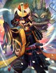  1boy armor dragon helmet highres japanese_armor kabuto mask missing_eye orange_eyes original rope samurai sengoku_taisen solo syuma_i tagme 