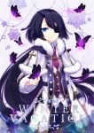  1girl black_hair blue_eyes butterfly butterfly_on_hand coat eyepatch fur_trim long_hair long_ponytail necktie nyori original snowflakes solo very_long_hair 