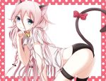  1girl alternate_costume animal_ears arched_back bell bell_collar bent_over black_legwear black_panties blue_eyes border bow braid cat_ears cat_tail closed_mouth collar fang_out from_side hair_between_eyes hair_ornament hairclip ia_(vocaloid) long_hair looking_at_viewer panties pink_hair polka_dot red_bow shirt short_sleeves single_thighhigh smile solo t-shirt tail tail_bow thigh-highs twin_braids underwear very_long_hair vocaloid white_background yamagara 