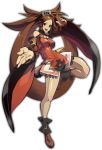  1girl bare_shoulders boots breasts brown_eyes brown_hair china_dress chinese_clothes detached_sleeves guilty_gear guilty_gear_xrd hair_ornament hair_ring kuradoberi_jam leg_up legs long_hair miniskirt official_art open_hands open_mouth skirt smile solo twintails very_long_hair 