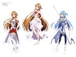  2girls absurdres armor asuna_(sao) asuna_(sao-alo) blue_eyes blue_hair blue_legwear brown_eyes brown_hair highres holding_sword holding_weapon long_hair looking_at_viewer multiple_girls navel pleated_skirt red_skirt simple_background skirt smile sword sword_art_online tanabe_kenji thigh-highs titania_(sao) very_long_hair weapon white_background white_legwear 