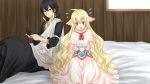  1boy 1girl aru_gunsou black_hair capelet dress fairy_tail flying_sweatdrops game_console green_eyes handheld_game_console head_wings long_hair mavis_vermilion open_mouth smile very_long_hair white_dress zeref 