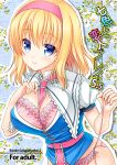 1girl alice_margatroid between_breasts blonde_hair blue_eyes blush bra breasts capelet cleavage commentary_request cover cover_page doujin_cover hairband large_breasts looking_at_viewer panties pink_bra pink_panties ribbon shigemiya_kyouhei short_hair side-tie_panties smile solo touhou underwear 