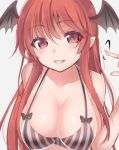  1girl asa_(coco) bat_wings bikini_top blush breasts collarbone grey_background grin head_wings koakuma large_breasts long_hair looking_at_viewer pointy_ears red_eyes redhead smile solo touhou upper_body wings 