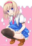  1girl alice_margatroid ascot black_legwear blonde_hair blue_eyes blush capelet commentary_request cover cover_page hairband open_mouth shigemiya_kyouhei solo squatting touhou 