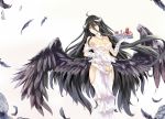  1girl ahoge albedo black_hair breasts cleavage feathers highres horns long_hair overlord_(maruyama) smile solo tray white_crow wings 