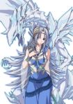  1girl blue-eyes_alternative_white_dragon blue_eyes blush breasts collarbone commentary_request dragon duel_monster highres large_breasts long_hair looking_at_viewer ozaneko priestess_with_eyes_of_blue silver_hair simple_background solo very_long_hair white_background yuu-gi-ou 