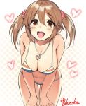 1girl adapted_costume bent_over bikini blush breasts brown_eyes brown_hair cleavage heart highres idolmaster idolmaster_cinderella_girls jewelry large_breasts looking_at_viewer open_mouth pendant pokachu shiny shiny_skin smile solo striped striped_bikini striped_swimsuit swimsuit totoki_airi twintails 