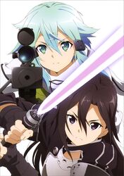  1boy 1girl beam_rifle black_eyes black_hair blue_eyes blue_hair energy_gun hagiwara_hiromitsu highres holding_sword holding_weapon kirito kirito_(sao-ggo) long_hair looking_at_viewer shinon_(sao) sword sword_art_online weapon white_background 