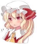  1girl asa_(coco) ascot asymmetrical_hair blonde_hair blush face flandre_scarlet hat hat_ribbon mob_cap open_mouth portrait red_eyes ribbon shirt side_ponytail simple_background solo touhou vest white_background 
