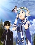  1boy 2girls asuna_(sao) asuna_(sao-alo) black_eyes black_hair blue_eyes blue_hair head_wreath highres kirito kirito_(sao-alo) long_hair multiple_girls open_mouth outdoors short_hair smile sword sword_art_online takata_akira weapon wings yui_(sao) 