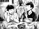  2boys brothers eating karamatsu monochrome multiple_boys osomatsu-kun osomatsu-san osomatsu_(osomatsu-kun) restaurant siblings smoking twitter_username waiter yodokawa_(yukko) 