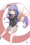  1girl animal_ears crescent dated finger_gun highres jacket long_hair long_sleeves looking_at_viewer necktie outstretched_arms purple_hair rabbit_ears red_eyes reisen_udongein_inaba shirt signature skirt solo sparkle touhou vest white_background yutamaro 