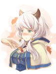  1girl :t between_breasts blush breasts capelet cleavage commentary doraf granblue_fantasy green_eyes hood hood_down horns kumuyu large_breasts long_hair low_twintails nose_blush solo_focus twintails white_hair 