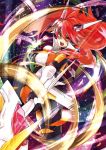  1girl amou_kanade armor bodysuit breasts colorful commentary error feathers hair_between_eyes hair_ornament headgear headphones high_collar highres huge_weapon light_rays long_hair ohtanian open_mouth orange_eyes polearm redhead senki_zesshou_symphogear serious shiny shiny_hair skin_tight solo tagme weapon 