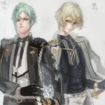  2boys aqua_hair black_gloves blonde_hair gloves hand_on_another&#039;s_shoulder higekiri_(touken_ranbu) hizamaru_(touken_ranbu) katana male_focus multiple_boys ready_to_draw smile sword touken_ranbu weapon yamakawa_umi yellow_eyes 