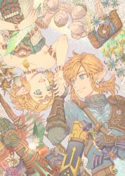  1boy 1girl armlet armor bare_shoulders black_gloves black_sweater blonde_hair blue_eyes blue_tunic bracelet braid breasts circlet crown_braid dress earrings fairy fingerless_gloves gloves green_eyes hair_between_eyes hair_tie highres holding holding_hands holding_sword holding_weapon jewelry leather_armor link low_ponytail master_sword medium_breasts medium_hair navi parted_bangs pendant_choker pointy_ears ponytail princess_zelda sen_(rurekiro) short_hair sidelocks strapless strapless_dress sweater sword the_legend_of_zelda the_legend_of_zelda:_tears_of_the_kingdom tunic turtleneck turtleneck_sweater upper_body weapon 