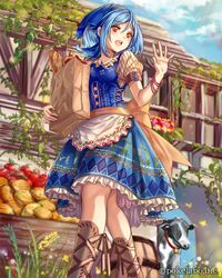  1girl apple apron bag blue_hair blush bread brown_eyes company_name dress eikou_no_guardian_battle food fruit highres madogawa official_art open_mouth paper_bag smile solo waving 