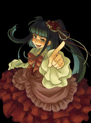  1girl absurdres black_background blue_eyes blue_hair blunt_bangs blush bow choker dress fang flower frills furudo_erika hair_flower hair_ornament hat highres long_hair open_mouth pink_bow pointing ribbon rose simple_background skirt smile solo twintails umineko_no_naku_koro_ni wazzygoo 