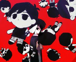  1boy black_hair black_sweater_vest character_doll closed_mouth collared_shirt commentary covered_mouth doll dot_nose double-parted_bangs floating hair_between_eyes holding holding_knife holding_weapon kitchen_knife knife male_focus omori omori_(omori) pants parted_bangs red_background rou_(h_s_sinrin) shirt short_sleeves simple_background standing striped_clothes striped_pants sunny_(omori) sweater_vest weapon 