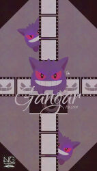  camera colored_sclera film_strip gengar ghost grin highres looking_at_viewer meme_(sleepsheep) no_humans open_mouth pokemon pokemon_(creature) pokemon_focus red_eyes red_sclera smile teeth 