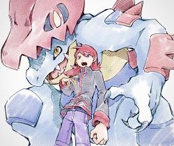  1boy animal_helmet brooch claws cowboy_shot cowlick feraligatr glowing_gem hand_on_own_chest hand_up highres jacket jewelry looking_at_viewer male_focus medium_hair mega_feraligatr mega_pokemon mega_stone open_mouth pants pokemon pokemon_(creature) pokemon_focus pokemon_hgss purple_pants red_hair sharp_teeth silver_(pokemon) tan_carbonnn teeth turtleneck turtleneck_jacket v-shaped_eyebrows violet_eyes 