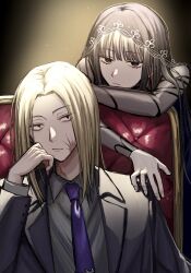  1boy 1girl black_eyes black_hair black_suit blonde_hair chair closed_mouth commentary_request dark_background formal_clothes hand_on_another&#039;s_shoulder hand_on_own_cheek hand_on_own_face highres lace lace-trimmed_veil lace_sleeves lace_trim long_hair looking_at_viewer necktie on_chair osaragi_(sakamoto_days) purple_necktie sakamoto_days scar scar_on_face see-through_clothes see-through_sleeves shirt shishiba_(sakamoto_days) sitting sitting_on_throne straight_hair suit throne upper_body veil yu0203_yuki 
