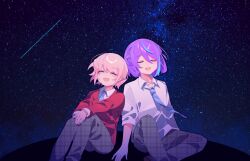  1boy 1other :d ^_^ aged_down akiyama_mizuki akiyama_mizuki_(middle_school) arm_support back-to-back blue_hair blue_necktie blue_sky chinese_commentary closed_eyes collarbone collared_shirt commentary_request diagonal-striped_clothes diagonal-striped_necktie double-parted_bangs feet_out_of_frame grey_pants hair_between_eyes highres jacket kamishiro_rui knee_up lapels layered_sleeves laylayhappy long_sleeves multicolored_hair necktie night night_sky open_mouth outdoors own_hands_together pants pink_hair plaid_clothes plaid_pants project_sekai purple_hair red_jacket school_uniform shirt short_hair sitting sky smile star_(sky) starry_sky streaked_hair striped_clothes tearing_up three-quarter_sleeves two-tone_hair u_u v_arms white_shirt 