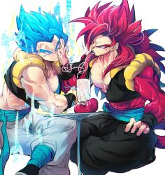  blue_eyes blue_sash dougi dragon_ball dragon_ball_super gogeta gogeta_(xeno) highres long_hair male_focus metamoran_vest monkey_boy monkey_tail multiple_boys muscular muscular_male ommmyoh open_mouth pants red_fur saiyan sash spiky_hair super_full_power_saiyan_4_limit_breaker super_saiyan super_saiyan_4 super_saiyan_blue tail time_patrol_(dragon_ball) twitter_username 
