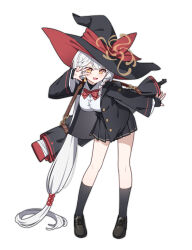  1girl :d absurdly_long_hair absurdres black_hat black_jacket black_shoes black_skirt black_socks blue_archive blush bow bowtie braid breasts bright_pupils brown_eyes buttons chinese_commentary commentary_request cross-laced_shoes crossed_bangs daoyan diagonal-striped_bow diagonal-striped_bowtie diagonal-striped_clothes eri_(blue_archive) full_body grey_hair gun hair_between_eyes hair_bobbles hair_ornament halo hand_up happy hat hat_ribbon highres jacket jewelry kneehighs large_breasts leaning_forward long_hair long_sleeves looking_at_viewer miniskirt multiple_rings open_clothes open_jacket open_mouth outstretched_hand partial_commentary pleated_skirt ponytail red_bow red_bowtie red_ribbon ribbon ring school_uniform shoes simple_background single_braid skirt smile socks solo standing straight_hair striped_bow striped_bowtie striped_clothes tilted_halo v v-shaped_eyebrows v_over_eye very_long_hair weapon white_background white_pupils wide_sleeves witch witch_hat yellow_halo 