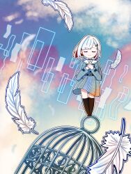  1girl absurdres birdcage birdcage_(love_live!) black_choker black_socks blue_sky bob_cut cage choker closed_eyes closed_mouth colored_inner_hair commentary diagonal_bangs dress facing_viewer falling_feathers feathers full_body grey_dress grey_hair hair_ornament hairclip hands_on_own_chest highres inverted_bob kneehighs link!_like!_love_live! love_live! medium_dress multicolored_hair o-ring o-ring_choker okome_(okome_l_l) pleated_dress red_hair sailor_collar sailor_dress short_hair single_hair_intake sky smile socks solo split_mouth standing star_(symbol) star_hair_ornament streaked_hair two-tone_hair u_u virtual_youtuber w_arms white_sailor_collar yugiri_tsuzuri 