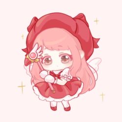  1girl angel_wings beret bow bowtie brown_eyes cardcaptor_sakura chibi chinese_commentary colored_eyelashes commentary_request cosplay dress expressionless fake_wings frilled_dress frilled_gloves frilled_sleeves frills gloves hat hat_bow holding holding_wand kinomoto_sakura kinomoto_sakura_(cosplay) kinomoto_sakura_(magician) large_bow layered_dress light_blush long_hair looking_at_viewer magical_girl mary_janes medium_dress nikki_(nikki) nikki_(series) pantyhose parted_lips pink_hair puffy_short_sleeves puffy_sleeves red_bow red_bowtie red_dress red_hat red_shoes shining_nikki shoes short_sleeves sidelocks simple_background sleeve_bow solo sparkle standing tareme turtleneck turtleneck_dress very_long_hair wand wavy_hair white_bow white_dress white_gloves white_pantyhose white_wings wings xiaoyu_qixing yellow_background 