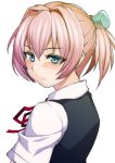  1girl blue_eyes blush commentary_request hair_ornament kantai_collection kupala pink_hair ponytail school_uniform shiranui_(kantai_collection) short_hair solo upper_body white_background 