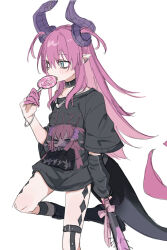  1girl aqua_eyes arm_at_side arm_warmers asymmetrical_horns baggy_clothes black_arm_warmers black_boots black_choker black_horns black_shirt black_tail boots candy character_name character_print choker clothes_writing club_(weapon) cowboy_shot curled_horns dragon_girl dragon_horns dragon_tail ear_piercing eating elizabeth_bathory_(fate) elizabeth_bathory_(perfect)_(fate) elizabeth_bathory_(perfect)_(first_ascension)_(fate) expressionless fang fate/grand_order fate_(series) finger_cots food hand_up heart heart_necklace highres holding holding_candy holding_club holding_food holding_lollipop holding_weapon horns jewelry kaigan0211 leg_up legwear_garter light_blush lollipop lollipop_in_mouth long_hair looking_ahead multiple_piercings necklace open_mouth piercing pink_hair pointy_ears print_shirt profile punk self_character_print shirt short_sleeves simple_background single_arm_warmer single_legwear_garter solo spiked_club standing standing_on_one_leg studded_thigh_strap swirl_lollipop t-shirt tail thigh_strap two_side_up weapon white_background 